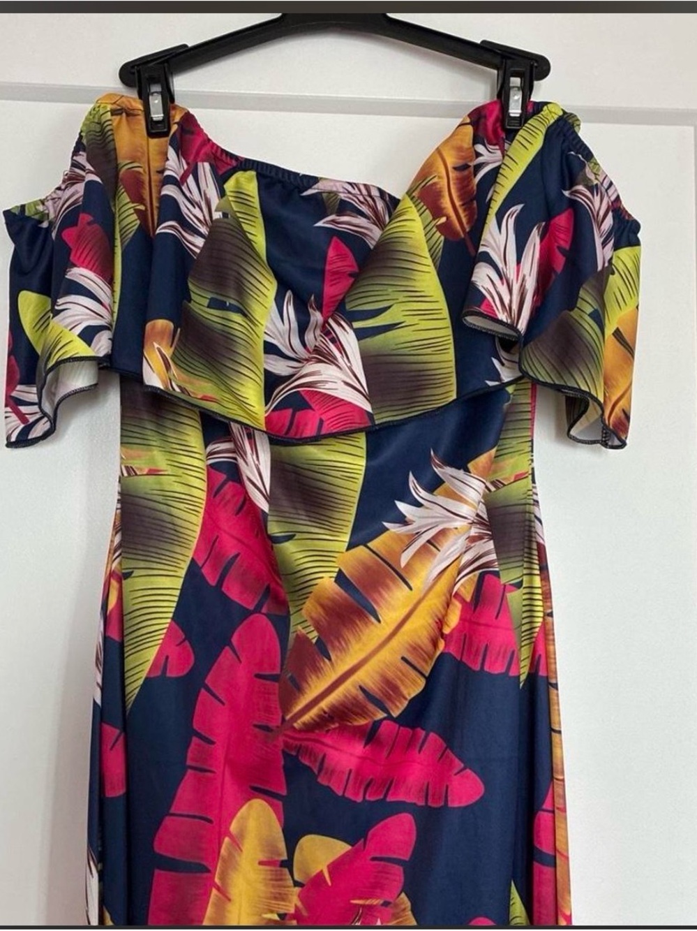 Tropical Off-Shoulder Maxi Dress in Navy and Multicolor